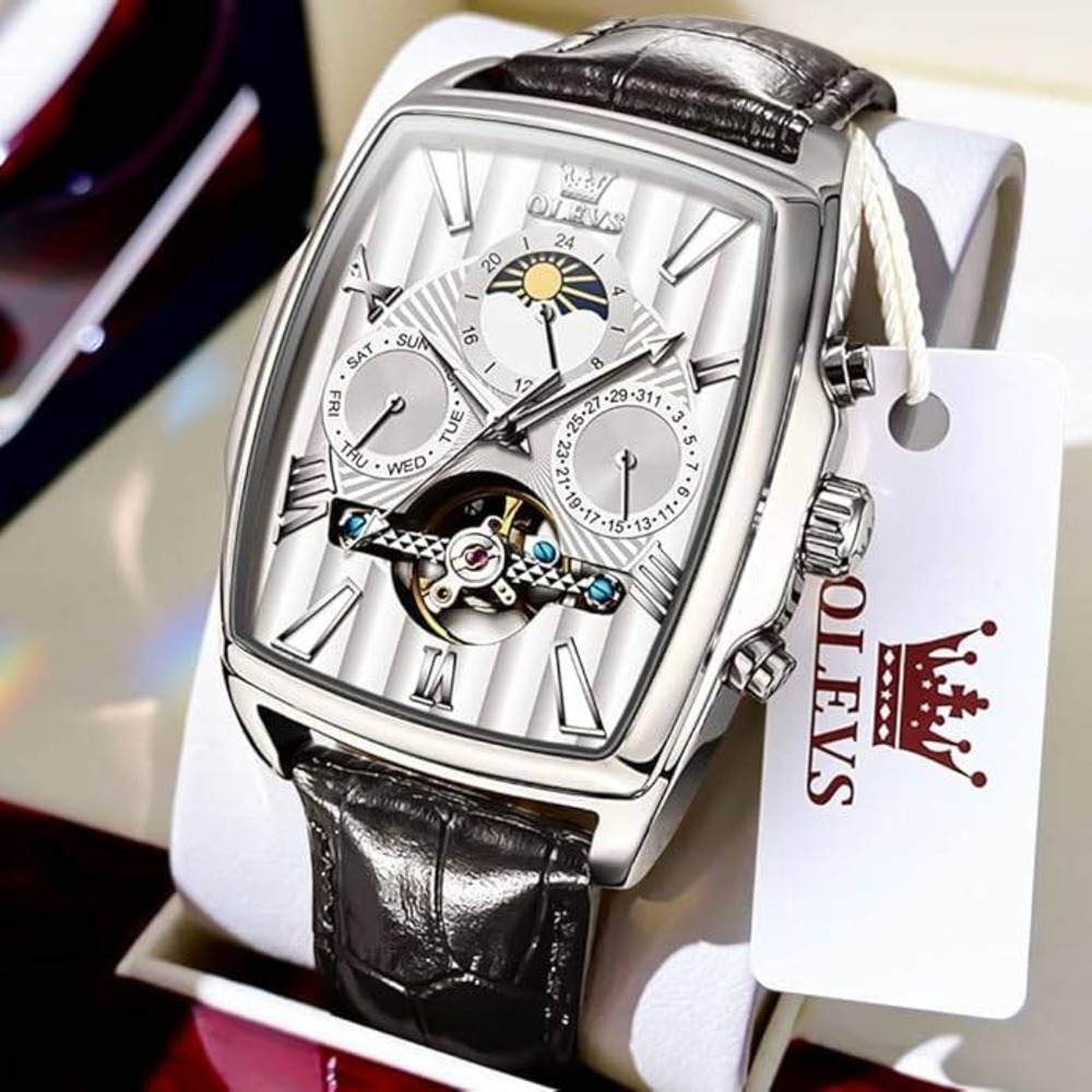 OLEVS Mens Automatic Mechanical Watch Silver  Leather Sun Moon Phase White